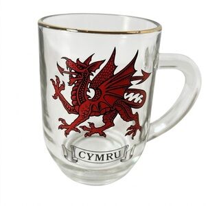 Vintage Welsh Red Dragon Cymru Glass Mug Gold Rim Made in France